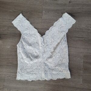 Vintage Sheer White Floral Lace V-Neck Camisole Top Wide Straps Bow Detail Large